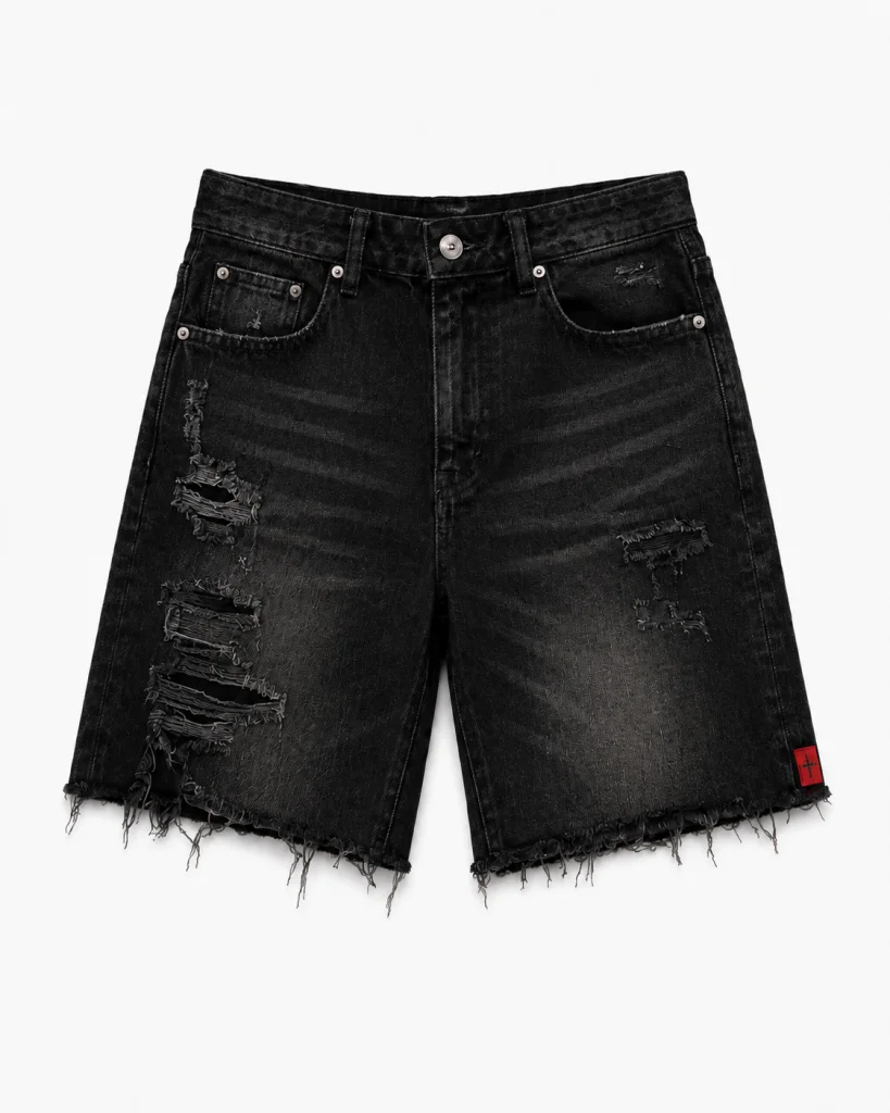 Distressed Denim Shorts / Washed Black